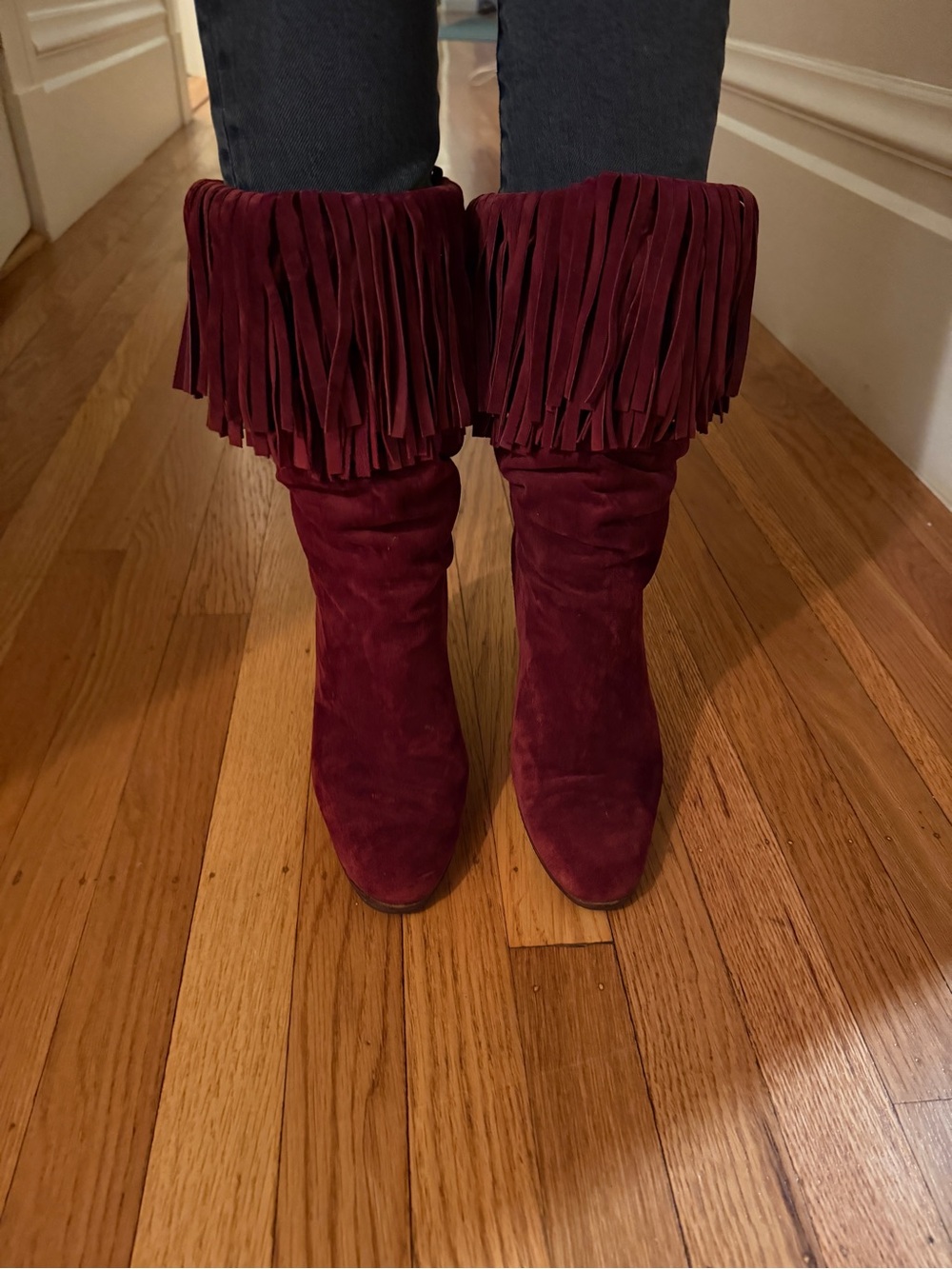 Fringe Suede Mid-Calf Boots in Burgundy